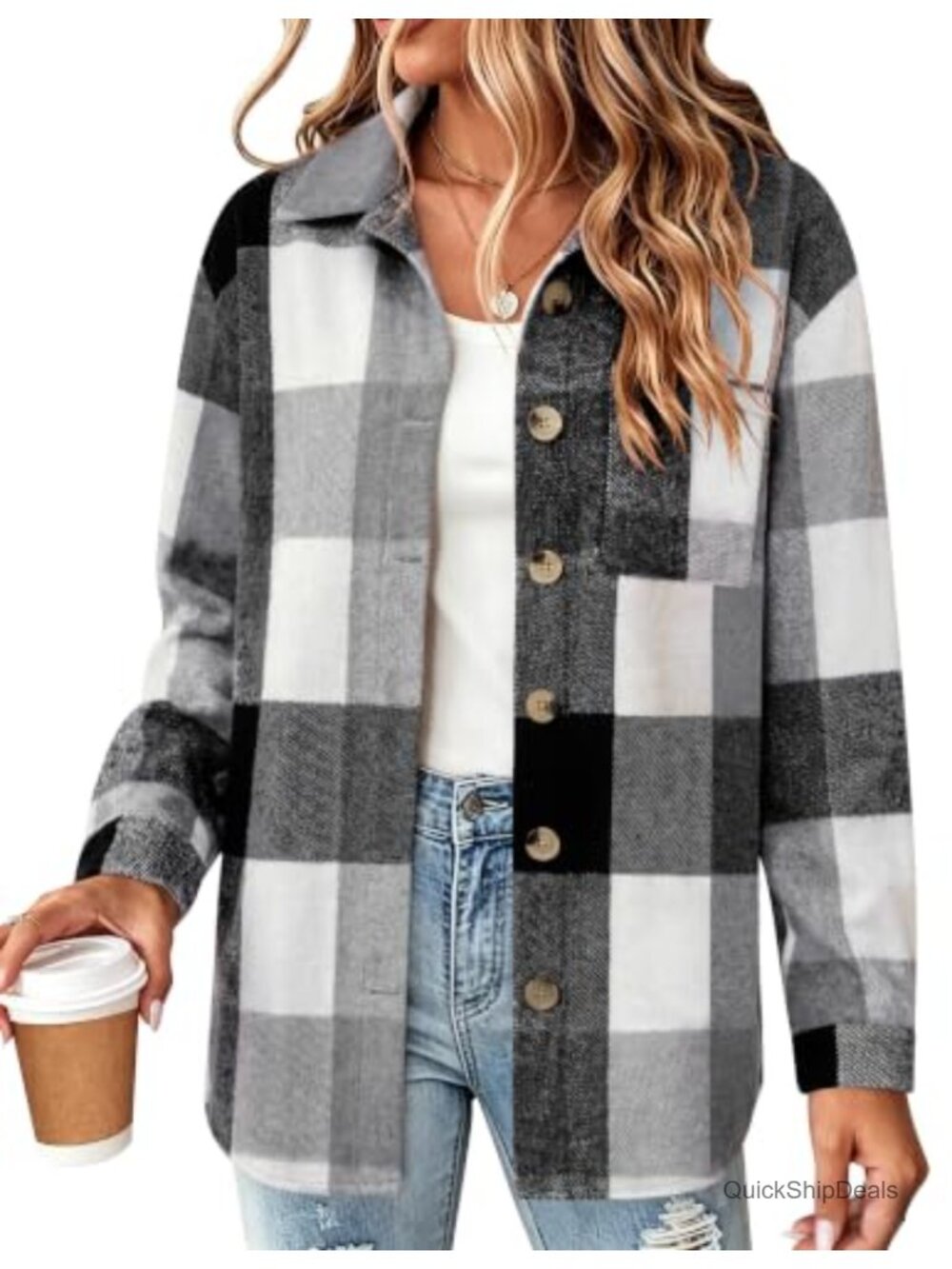 Women's Flannel Shacket Plaid Button Down Long Sleeve Jacket